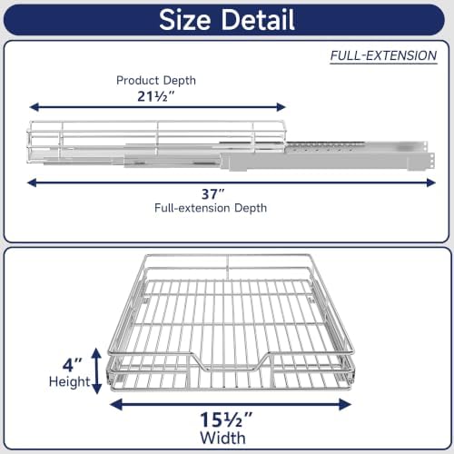 Pull Out Cabinet Organizer, 15.5" W x 21.5" D, Heavy Duty Chrome Slide Out Shelf for Base Cabinets, Sliding Wire Basket Drawer for Pantry Items, Bowls, Containers & Cleaning Supplies