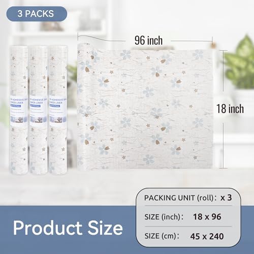 FIFTY FEET 18"x96" Non-Adhesive Shelf Liner for Kitchen Cabinets and Drawers, Washable Non-Slip PVC Cabinet Liner (White Floral)(3 Roll)