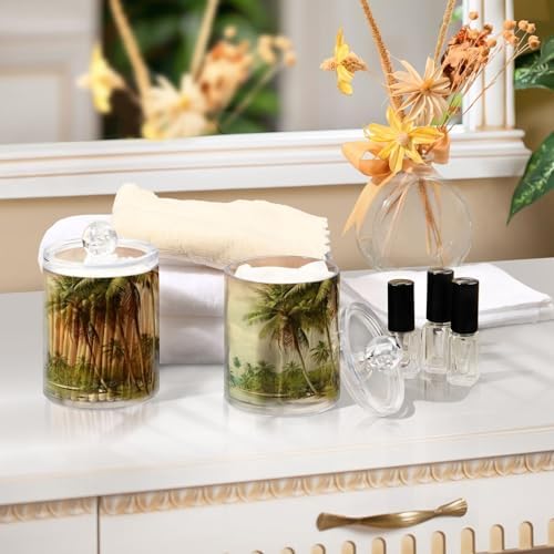 2 Pack Apothecary Jars Bathroom Vintage Palm Trees Qtip Holder Dispenser Clear Plastic Storage Canister Jar with Lid for Cotton Ball, Cotton Swab