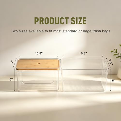 Hudgan 2 in 1 Acrylic Trash Bag Dispenser Under Sink, Garbage Bags Holder with Stackable Bamboo Top for Kitchen, Pantry, Laundry Room
