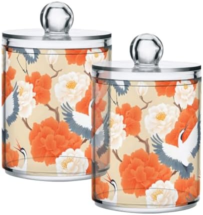2 Pack Qtip Holder Organizer Dispenser Cranes Orange Flowers Bathroom Storage Canister Cotton Ball Holder Container for Cotton Pads/Swabs/Floss