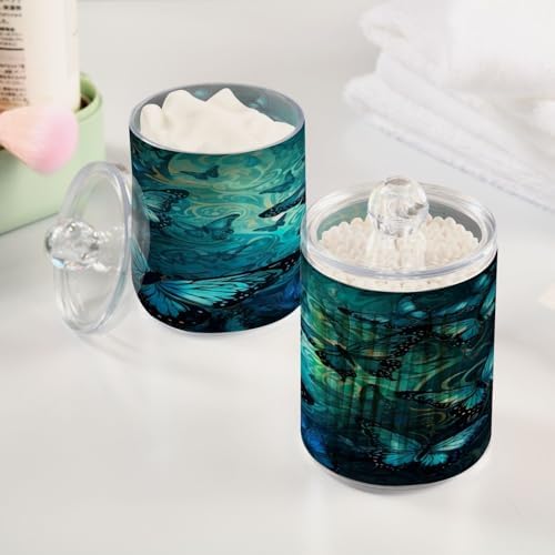 Qtip Holder Dispenser Apothecary Jars with Lids Blue Butterfly Clear Bathroom Container Cotton Swab Ball Holder 4 Pack
