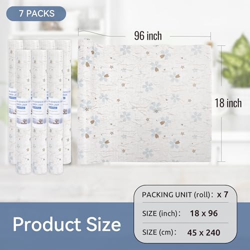 FIFTY FEET 18"x96" Non-Adhesive Shelf Liner for Kitchen Cabinets and Drawers, Washable Non-Slip PVC Cabinet Liner (White Floral)(7 Roll)