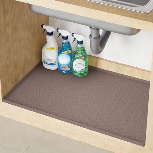 TRZZ Waterproof Under Sink Mat, 22"x19", Drip Tray Shelf Liner, Brown