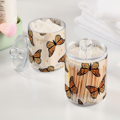 Fustylead 2 Pack Beautiful Monarch Butterflies and Glitter Stars Qtip Holder Dispensers, Plastic Apothecary Jar Bathroom Accessories Set for Cotton Ball, Swab, Round Pads, Floss