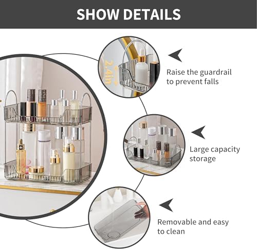 YCIA&DONE Bathroom Organizer Countertop, Makeup Storage, Skincare Cosmetic Tray Shelf, Perfume Holder Rack for Vanity Counter, Large Capacity, Easy to Install, Clean, 2 Tiers, Smoky Gray