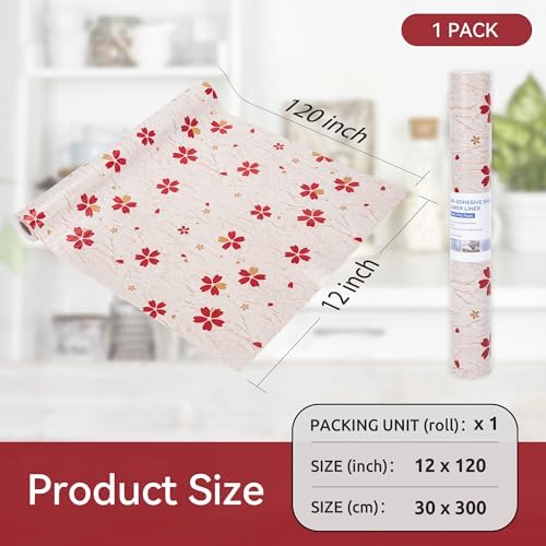 FIFTY FEET 12"x120" Non-Adhesive Shelf Liner for Kitchen Cabinets and Drawers, Washable Non-Slip PVC Cabinet Liner (Red Floral)(1 Roll)