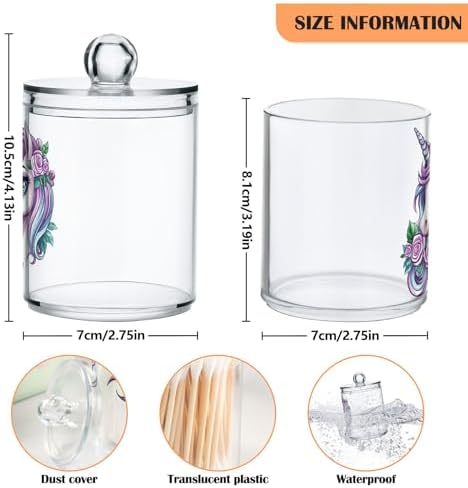 Fustylead 2 Pack Cute Unicorn with Purple Long Mane and Flower Plastic Apothecary Jars with Lid, Bathroom Vanity Storage Organizer Canister for Qtip, Cotton Ball, Swab, Round Pads, Floss