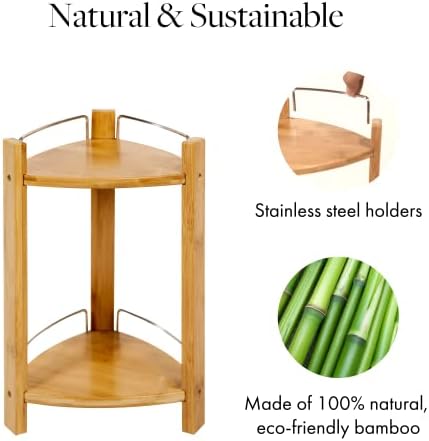 GOBAM Bamboo Shower Corner Caddy, Medium - 2 Tier Bathroom Organizer Countertop for Shampoo, Conditioner, Lotion, Soap - Standing Shower Stand for Kitchen, Bedroom, or Office
