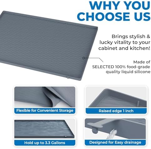 Heavy Duty Under Sink Mat for Kitchen Waterproof 34" x 22" | Extra Thick 1000g Silicone Under Sink Tray with Raised Edges for Kitchen & Bathroom Cabinet Organizer and Sink Drip Tray