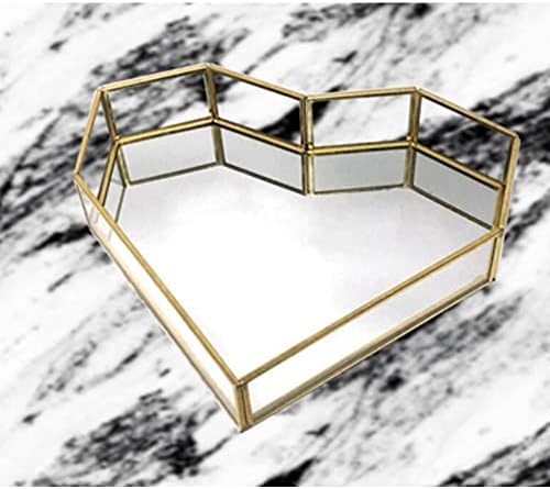 Heart-Shaped Vintage Gold Mirror Glass Vanity Tray,Ornate Geometric and Brass Plated Display Storage Organizer for Makeup Brushes/Lipstick/Skincare/Perfumes/Beauty Room/Bathroom Accessories