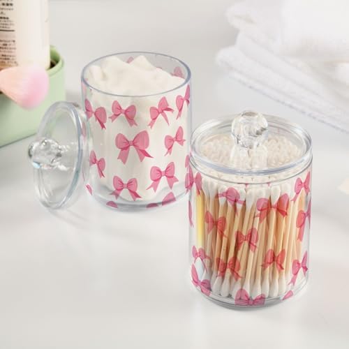 ALAZA Pink Bow Bathroom Canister Set of 2 Qtip Holder Clear Plastic Jars Holder Dispense Bathroom Organizer Storage Jars with Lids Home Decor