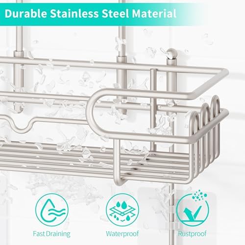 HapiRm Hanging Shower Caddy Organizer - Bathroom Organizer with 12 Hooks and Soap Holder, Rustproof Shower Shelf over Shower Head - Brushed Nickel