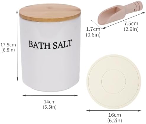 64oz Airtight Ceramic Bath Salt Jar Set - with Wooden Lid, Scoop & Anti-Slip Mat, Opaque Bathroom Storage Organization for Epsom Salt, Spa & Bath Bombs, White-M