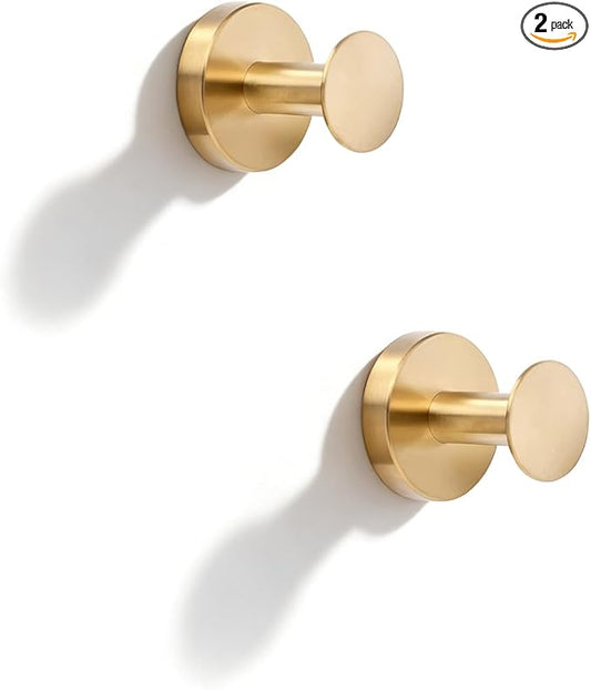 NEWRAIN Bathroom Towel Hooks, 2 Pack Towel Holder for Bathroom Wall, Cabinet Closet Door, Kitchen, Bedroom, Hotel - Modern Design Effortless Mounting Towel Hangers, Robe Hook Brushed Gold