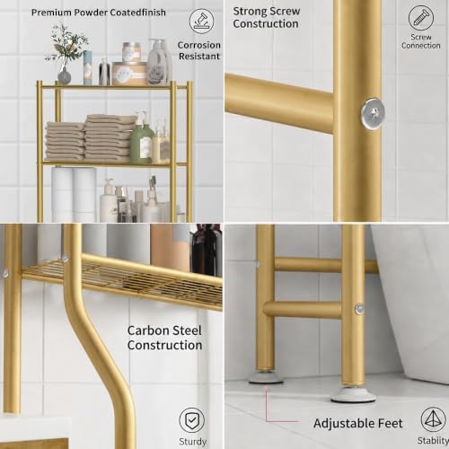 GloTika 3-Tier Over Toilet Storage, Anti-Tilt, 64" H, Gold