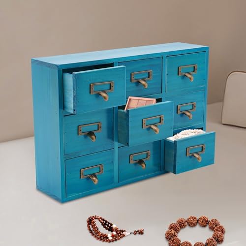 Apothecary Cabinet with 9 Drawers Card Catalog Cabinet, Library Card Catalog Drawer with Metal Handles & Label Slot Wooden Desk Drawer Organizer for Herb Storage, Tea Collection (Blue)