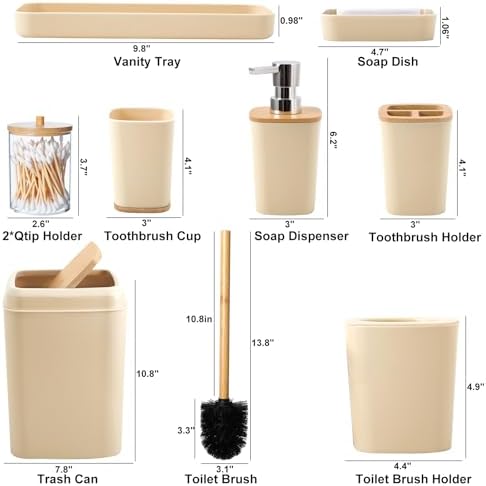Beige Bathroom Accessories Set 9 Piece Bathroom Accessory Set with Trash Can,Toothbrush Holder,Toothbrush Cup,Lotion Soap Dispenser,Vanity Tray,Soap Dish,Toilet Brush,Qtip Holder