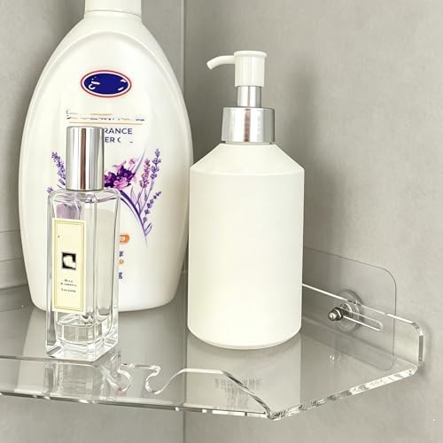 Corner Shower Caddy Shelf Rack 2 Tier Adhesive Shower Organizer Essentials - No Drilling Acrylic Bathroom Storage Rack with Hooks No Drilling Shelves (10"x10" 2 tier clear)