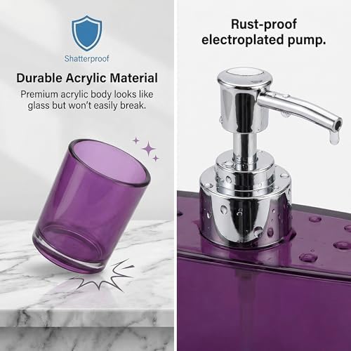 Purple Bathroom Accessories Set - 5 Pcs Acrylic Bathroom Accessory Set - Toothbrush Holder, 2 Toothbrush Cups,soap Dispenser, soap Dish for Bathroom(Purple)