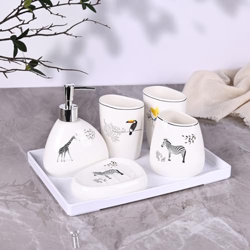 White Bathroom Accessories Set,Modern Countertop Bathroom Decor,Luxury 6 Piece Bathroom Accessory Set,Complete with Soap Dispenser,Toothbrush Holder,Tumbler,Tray