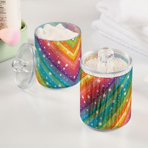 MNSRUU 2 Pack Qtip Holder Organizer Dispenser Rainbow Stars Bathroom Storage Canister Cotton Ball Holder Bathroom Containers for Cotton Swabs/Pads/Floss