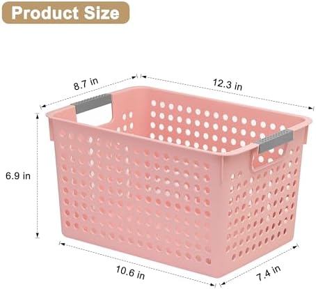 Soddeph 4 Pack Plastic Deep Storage Basket with Handles, Cubbies Organizer Bins with Hollow Design for Under Counter, Closet, Kitchen or Bathroom 12.3" × 8.7" × 6.9"(Pink, Medium)