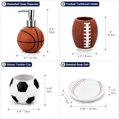 4-Piece Sports Bathroom Accessories Set Complete with Basketball Lotion/Soap Dispenser,Soccer Bath Cup/Tumbler,Base Ball Soap Dish,Football Toothbrush Holder
