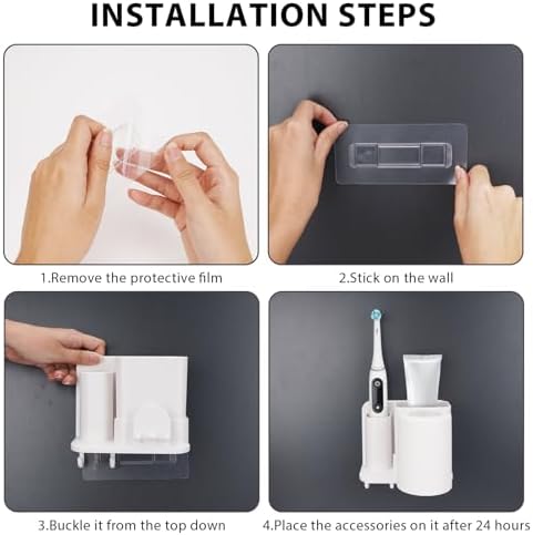 Toothbrush Holders with Mouthwash Cup Wall Mounted for Bathrooms, 2 Slots Bathroom Organizer for Toothpaste, Electric Toothbrush, Razor, Floss, Self Adhesive Toothbrush Hanger Storage for Shower