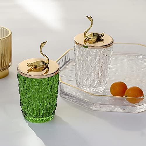 Fashion Luxury Glass Swan Shape Q-Tip and Cotton Ball Swab Holder Toothpick Holder Container Dispenser Organizer with Lid for Bathroom Kitchen (Green)
