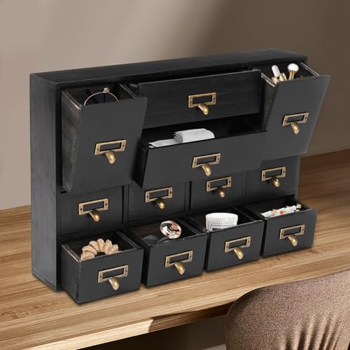 12 Drawers Apothecary Cabinet Library Card Catalog Cabinet Card Catalog Drawer with Metal Handles & Label Slot Wooden Desk Drawer Organizer for Herb Storage, Tea Collection (Black)