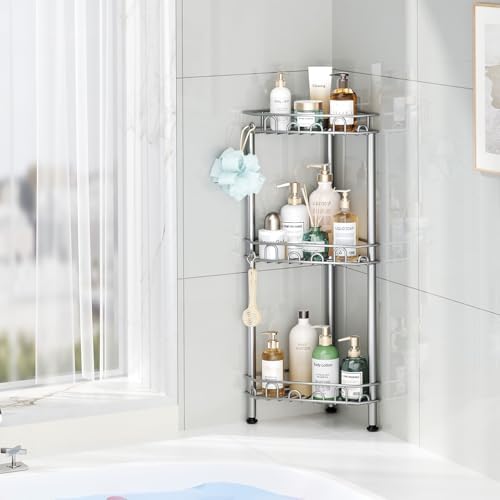 SWTYMIKI Standing Shower Caddy Corner - 3‑Tier Stainless Steel Shower Organizer Shelf with 12 Hooks and Adhesive Pads, Rustproof Corner Shelves Stand Rack for Bathroom Shower Room, Silver