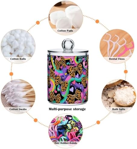 Gredecor 4 Pack Qtip Holder Clear Leopard Bows Heart Apothecary Jars with Lids Acrylic Bathroom Jars Vanity Countertop Canister Storage Organizer for Cotton Ball,Swabs,Pads,Floss