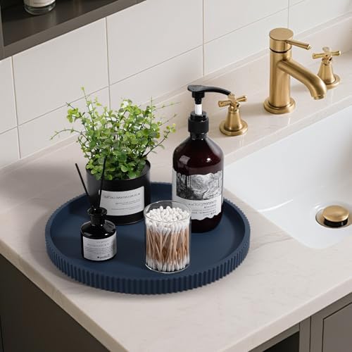 Silicone Bathroom Tray Round Perfume Tray Coffee Table Decor, 12" Dark Blue