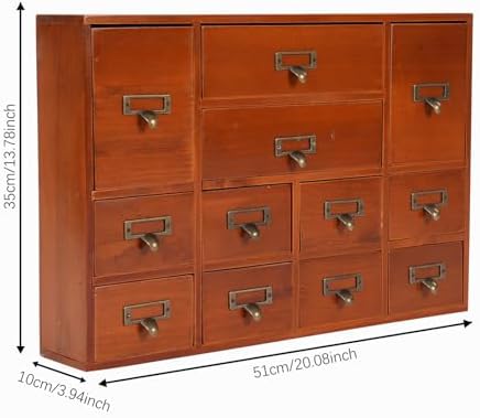 12 Drawers Apothecary Cabinet Library Card Catalog Cabinet Card Catalog Drawer with Metal Handles & Label Slot Wooden Desk Drawer Organizer for Herb Storage, Tea Collection (Brown)