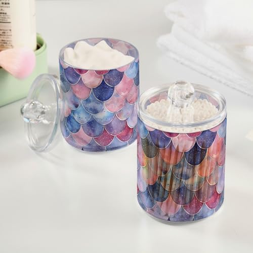 senya Clear Plastic Jars Cotton Swabs Cans, Watercolor Mermaid Scales Bathroom Canisters Storage Organizer with Lids 2PCs Set for Cotton Ball, Cotton Swab, flossers, Hair Bands