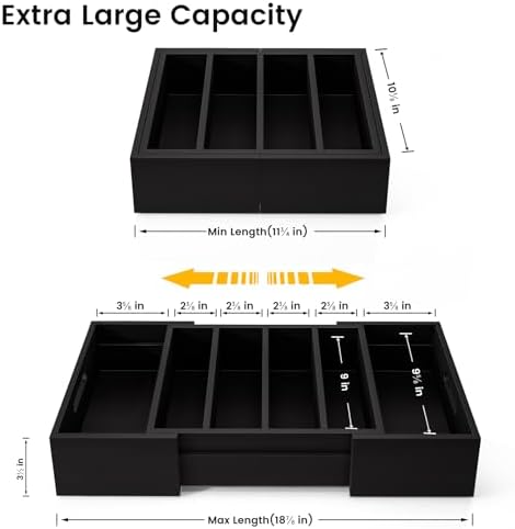 Kiasthome Expandable Bamboo Lid Organizers Inside Cabinet, Kitchen Cabinet Organizers with 3 Adjustable Dividers, Storage Plastic Lids, Food Container Lid Holder Organizer for Drawer Pantry, Black