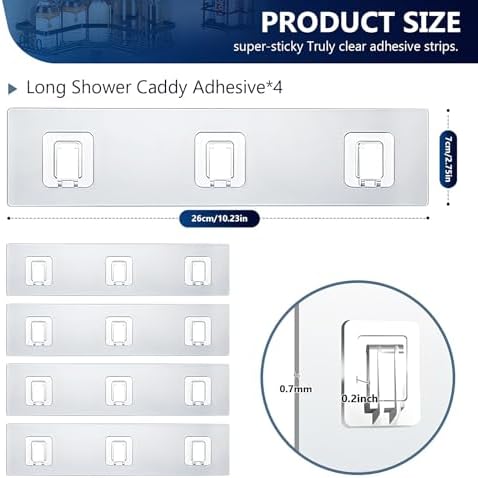 Shower Caddy Adhesive Replacement Hooks, Strong Waterproof Strips, No Drilling for Bathroom Shelves, Kitchen Racks, and Soap Holders (Transparent-4 Pack 3 Hook)