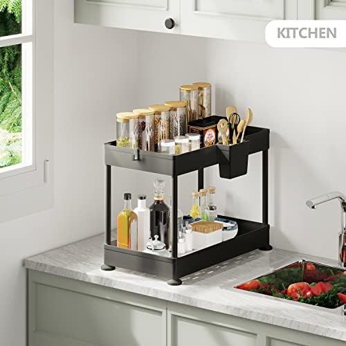 Under Sink Organizers and Storage | Bathroom Cabinet Organizer, Sink Shelf with Utility Hooks and Side Caddy for Under Cabinet Storage | Black (2-Pack) Non Slip Grip Under Kitchen Sink Organizer