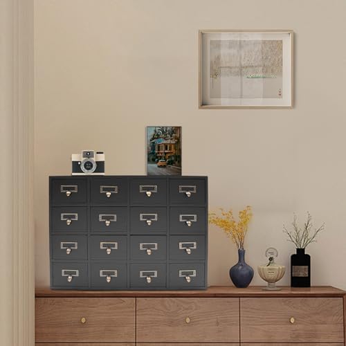 Apothecary Cabinet with 16 Drawers Card Catalog Cabinet, Library Card Catalog Drawer with Metal Handles & Label Slot Wooden Desk Drawer Organizer for Herb Storage, Tea Collection (Black)