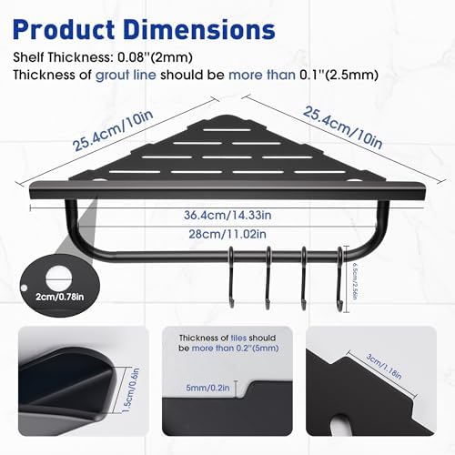 Corner Shower Shelf, 10'' Shower Corner Shelf with Towel Bar & Hooks, 304 Stainless Steel Recessed Bathroom Shelves, Grout in Bathroom Shower Shelf for Tiled Wall, 2-Pack (Matte Black)