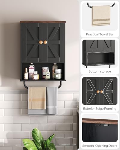 CHOEZON Bathroom Wall Cabinet, Medicine Cabinet with Open Partition and Towel Bar, Rustic Storage Cabinet with Open and Hidden Storage Space, for Bathroom, Living Room, Kitchen, Black and Walnut