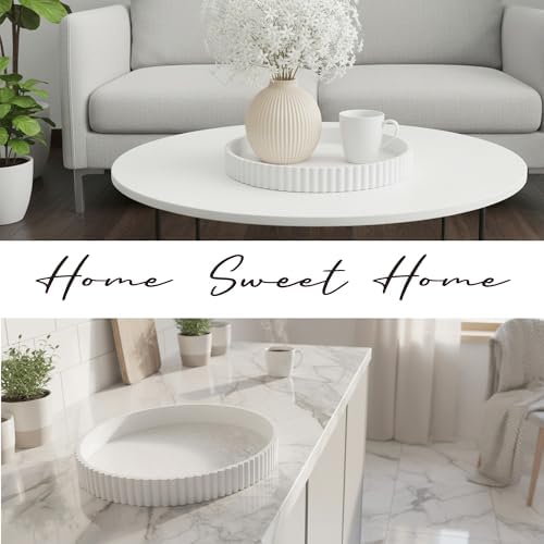 Modern Table 2pcs Nested Round Decorative Trays - Circle Coffee Table Centerpiece Set 12"/10" - Wooden White Crack Finish Bandejas with Fluted Edge