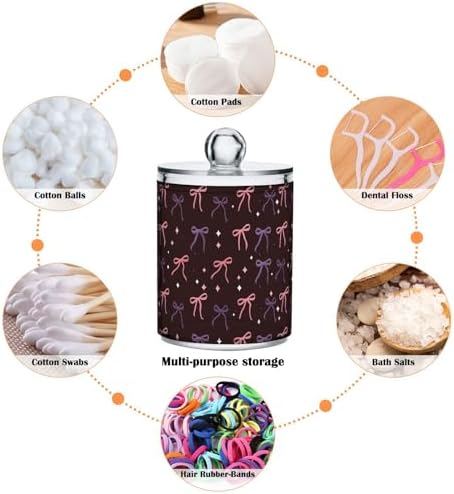 Gredecor 4 Pack Qtip Holder Clear Pink Purple Bows on Brown Apothecary Jars with Lids Acrylic Bathroom Jars Vanity Countertop Canister Storage Organizer for Cotton Ball,Swabs,Pads,Floss