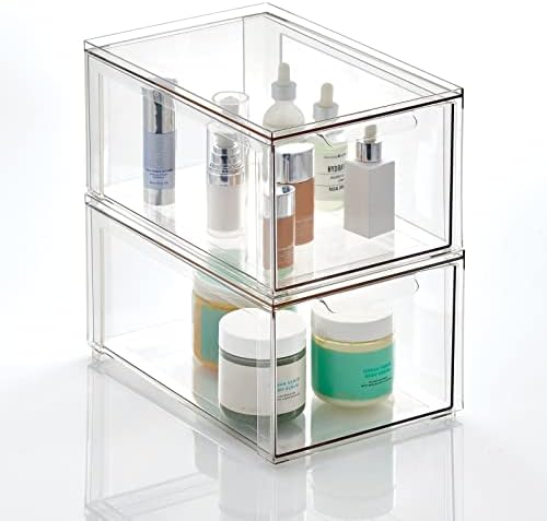 mDesign Plastic Stackable Bathroom Storage with Pull Out Bin Organizer Drawer for Cabinet, Vanity, Shelf, Cupboard, Cabinet, or Closet Organization - Lumiere Collection - 2 Pack - Clear