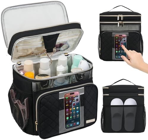 Large Toiletry Bag for Women Men, Portable Shower Caddy College Dorm Essentials, 2 Layers Quickly Dry Mesh Bathroom Tote Bag, Hanging Makeup Organizer Bag for Travel, Gym, Camping (Black)