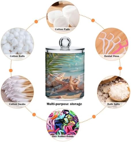 2 Pack Qtip Holder Dispenser Beach Seashell Pattern 10 Oz Bathroom Organizer with Lids Storage Canister for Cotton Ball,Cotton Swab,Cotton Round Pads,Floss