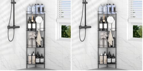 HuggieGems 4 Tier Floor Standing Corner Shower Caddy Organizer Shelf with Hooks, Bathroom Shelves Stand Rack, Black (Pack of 2)