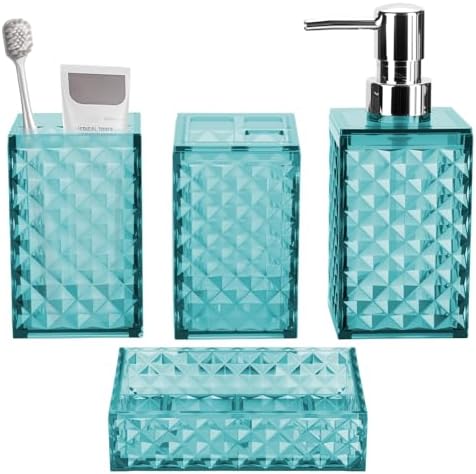 Bathroom Accessory Set, Grid Pattern 4 Pcs Plastic Bathroom Set, Teal Blue