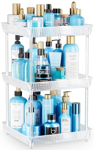 3 Tier Lazy Susan Bathroom Countertop Organizer, 360° Clear Rotating Square Storage Tray, Cosmetics and Perfume Organizer, Spinning Storage Tray Vanity Organizer Shelf for Bathroom Cabinet, Kitchen